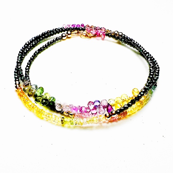 Handmade Natural Sapphire, Black Diamond Necklace Wrap Bracelet Solid 14k Gold - Picture 3 of 11